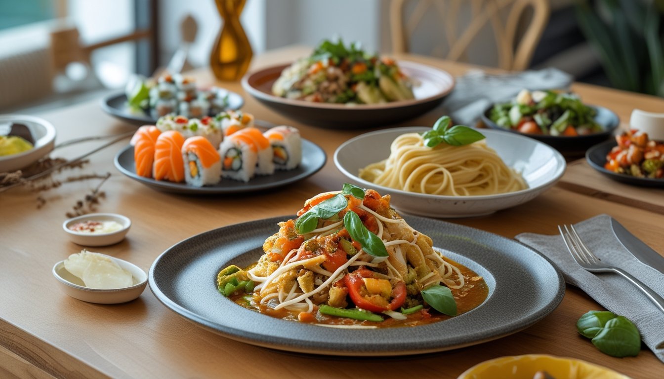 Meja makan dengan hidangan sushi, pasta, dan makanan fusion yang disajikan secara menarik dan berwarna-warni.