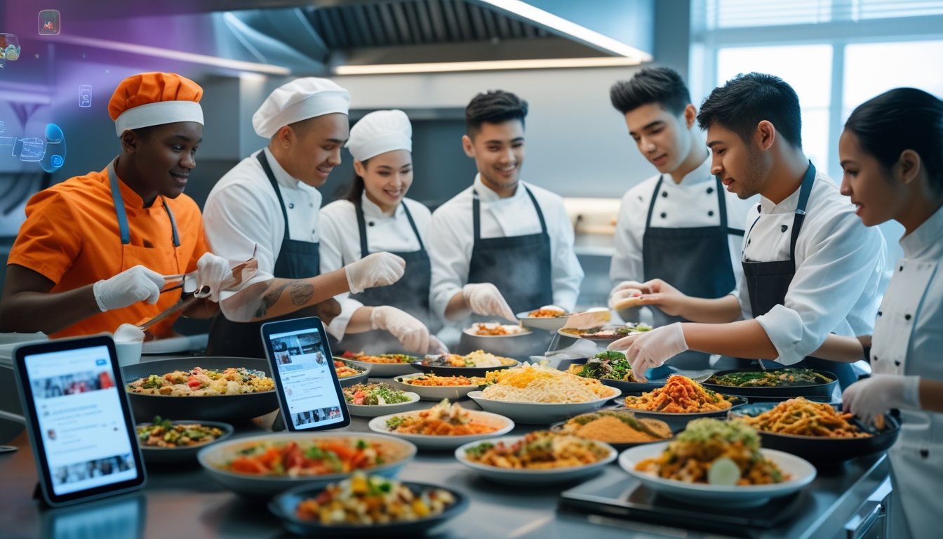 Sekelompok koki muda dari berbagai latar belakang sedang menyiapkan dan menyajikan berbagai hidangan internasional di dapur modern dengan perangkat digital di sekitar mereka.