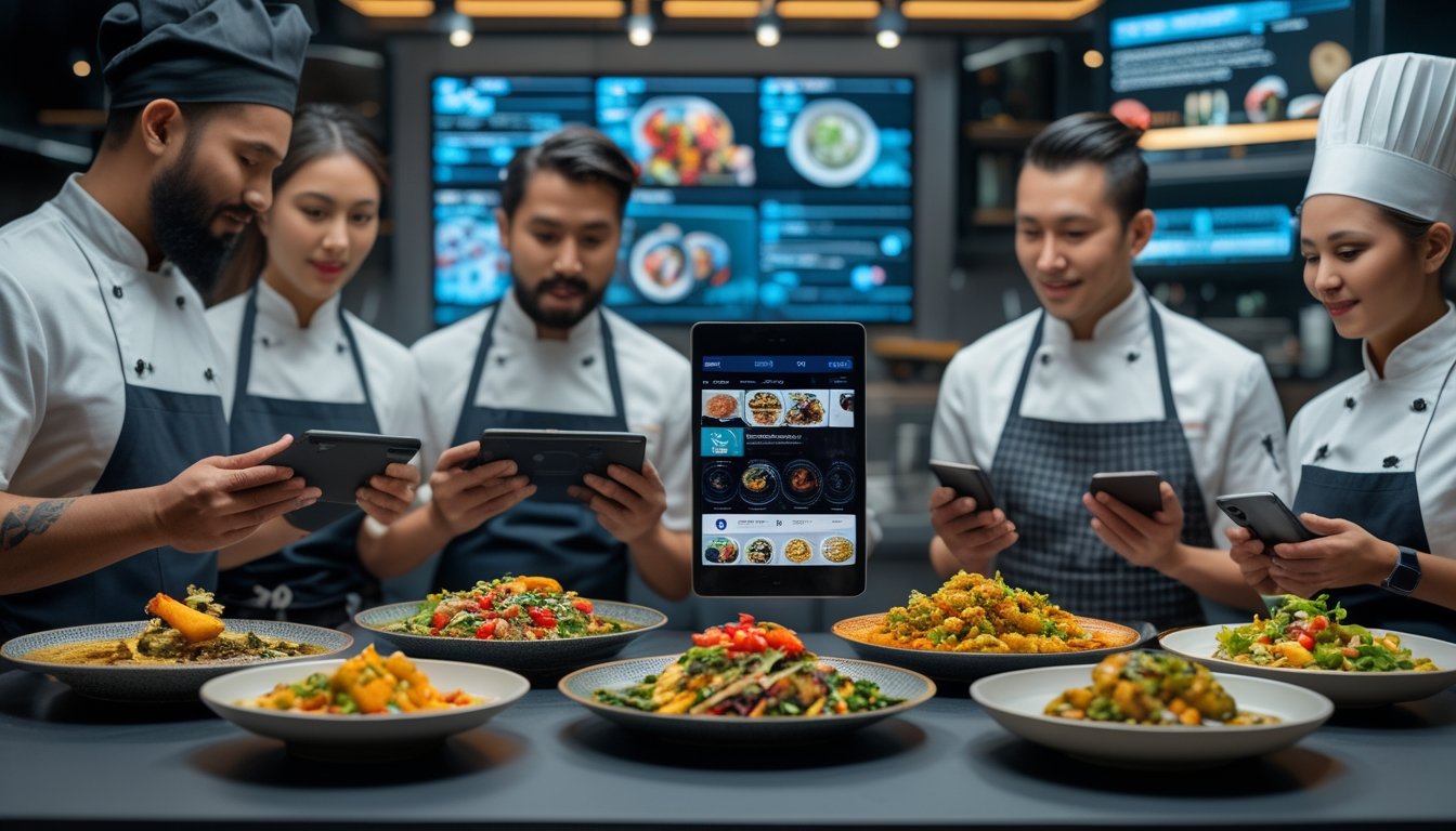 Sejumlah koki dan influencer makanan menggunakan perangkat digital di dapur modern dengan hidangan internasional yang menarik di atas meja.