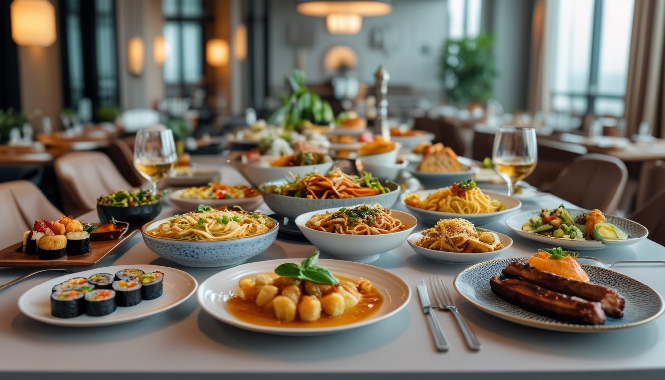 Meja makan dengan berbagai hidangan ikonik dari Asia, Eropa, dan Amerika, disajikan di restoran modern yang terang.
