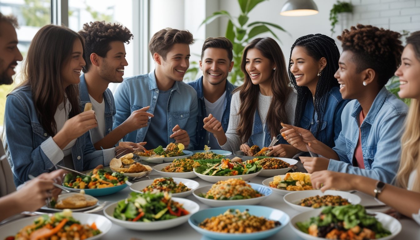 Sekelompok anak muda sedang menikmati makanan sehat internasional bersama di ruang makan modern yang terang.