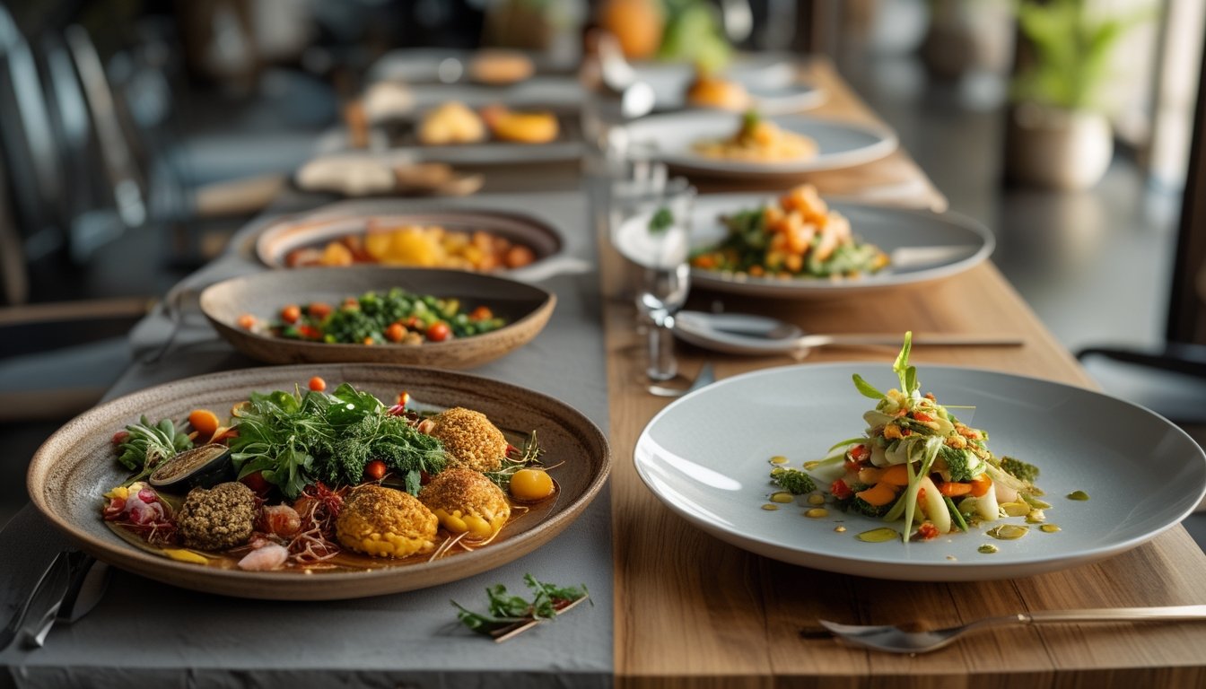 Dua meja makan berdampingan menampilkan hidangan tradisional dan hidangan fusion modern dari berbagai masakan internasional.