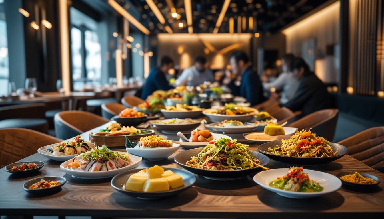 Suasana restoran mewah dengan berbagai hidangan internasional yang disajikan di meja kayu, dikelilingi oleh dekorasi modern dan pencahayaan hangat.