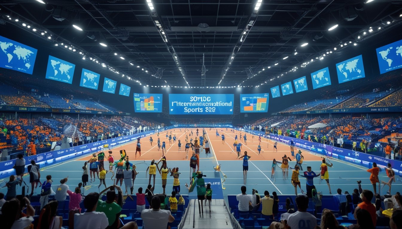 Atlet dari berbagai negara sedang bertanding di stadion besar dengan penonton dan layar digital yang menampilkan jadwal kompetisi olahraga internasional tahun 2026.