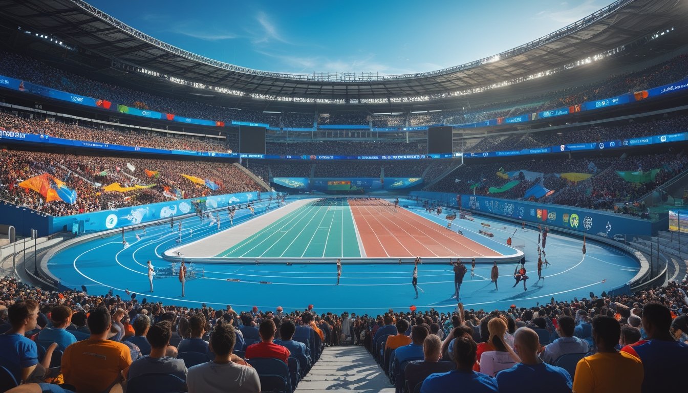 Suasana turnamen multievent internasional dengan berbagai cabang olahraga dan atlet yang sedang bertanding di stadion besar penuh penonton.