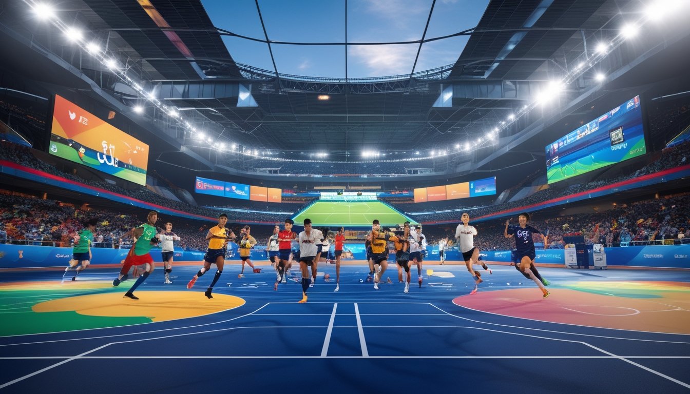 Atlet internasional sedang berkompetisi di berbagai cabang olahraga dalam sebuah stadion besar dengan penonton yang antusias.