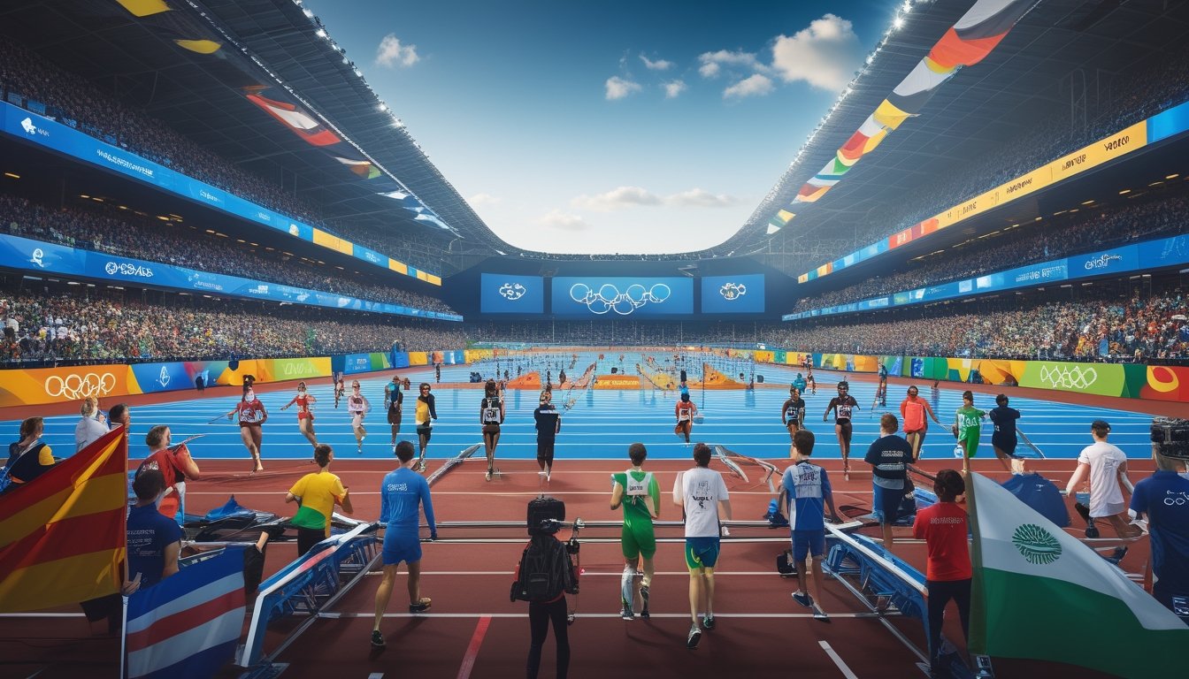 Suasana stadion Olimpiade dengan atlet dari berbagai negara sedang berkompetisi di berbagai cabang olahraga, dikelilingi penonton yang semangat dan bendera warna-warni.