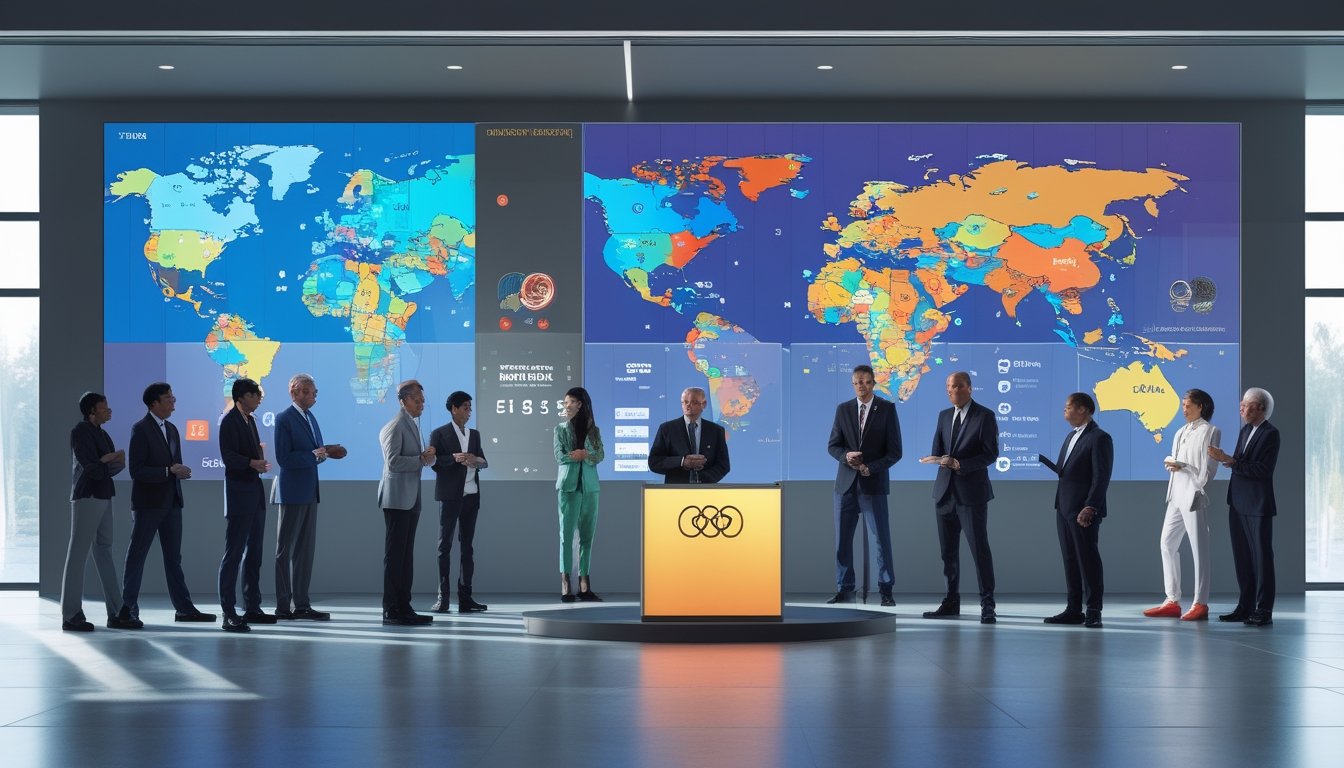 Sekelompok pejabat dan atlet olahraga internasional sedang berdiskusi di ruang konferensi modern dengan layar digital besar yang menampilkan ikon dan grafik cabang olahraga baru dan yang diperbarui untuk tahun 2026.