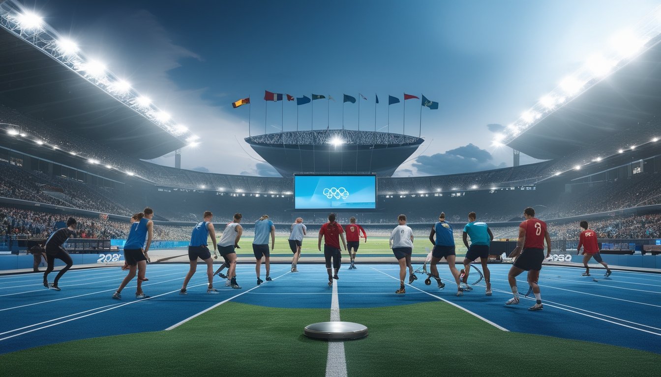 Sejumlah atlet dari berbagai cabang olahraga internasional sedang bersiap di stadion modern dengan bendera negara-negara di latar belakang.