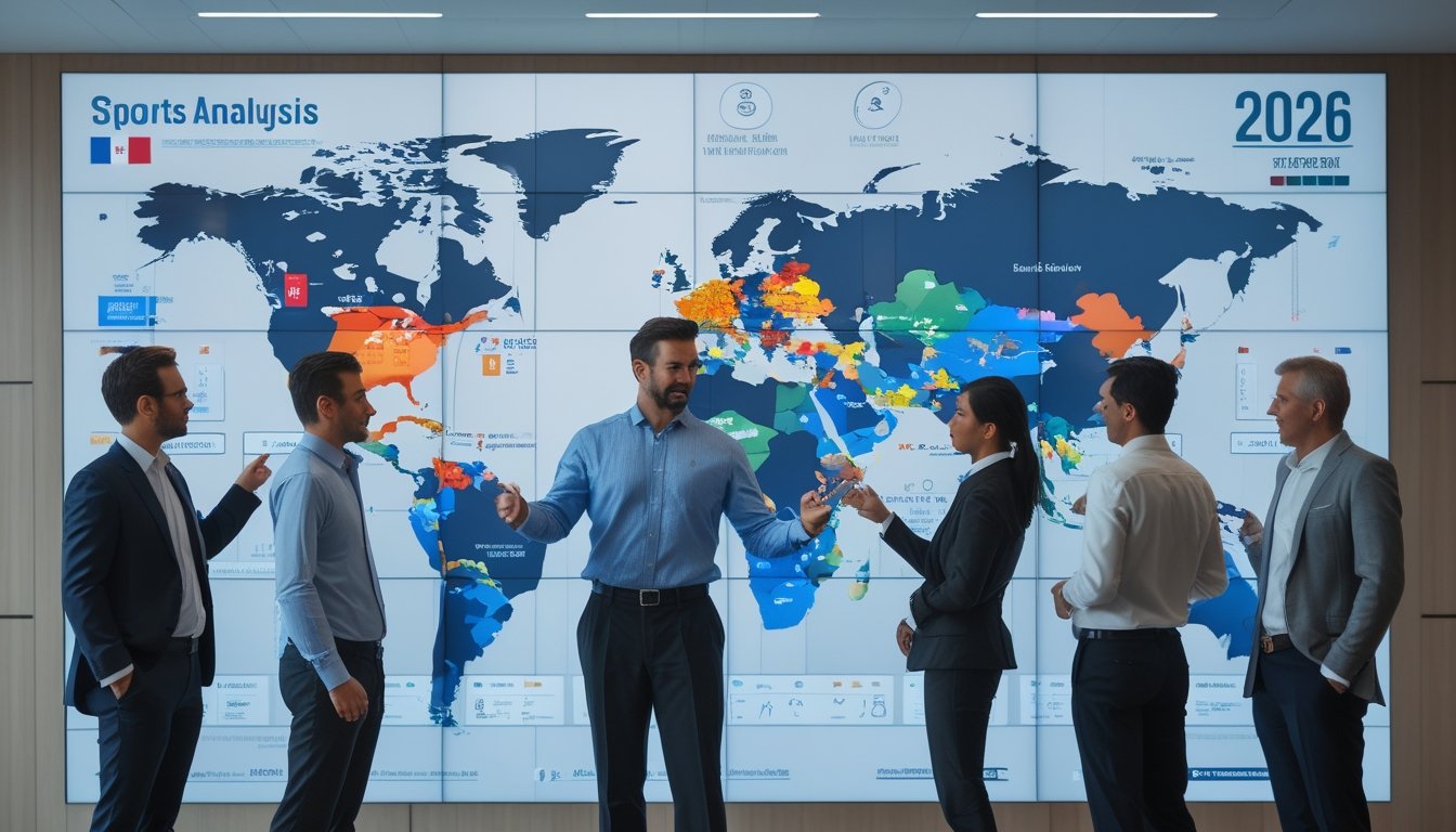 Sekelompok analis olahraga internasional sedang berdiskusi di ruang konferensi modern dengan layar digital besar yang menampilkan data dan grafik olahraga global.