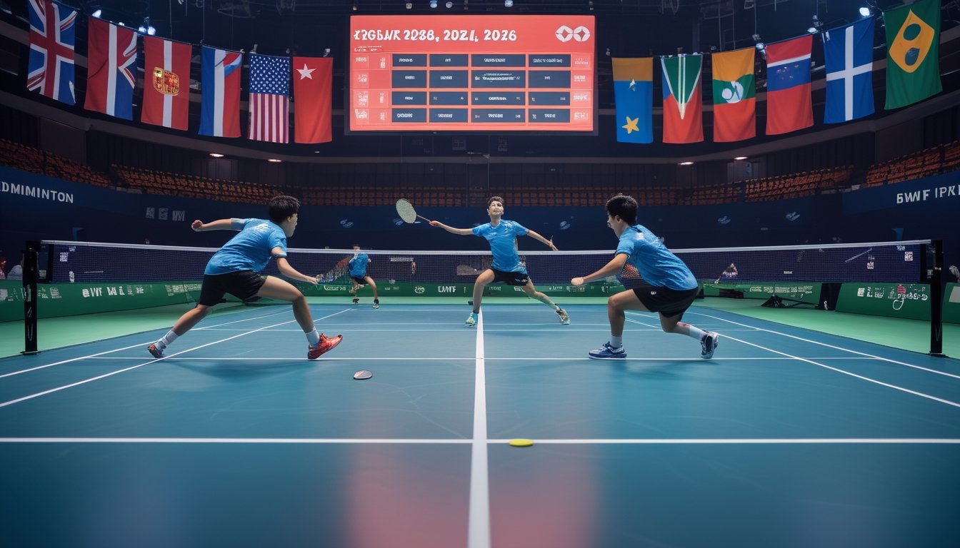 Lapangan bulu tangkis dengan pemain yang sedang bertanding dan bendera negara-negara di latar belakang.