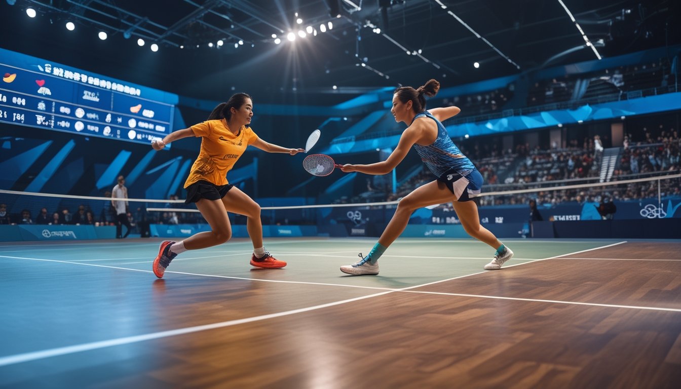Dua atlet bulu tangkis sedang bertanding di lapangan dalam arena olahraga dengan penonton di latar belakang.