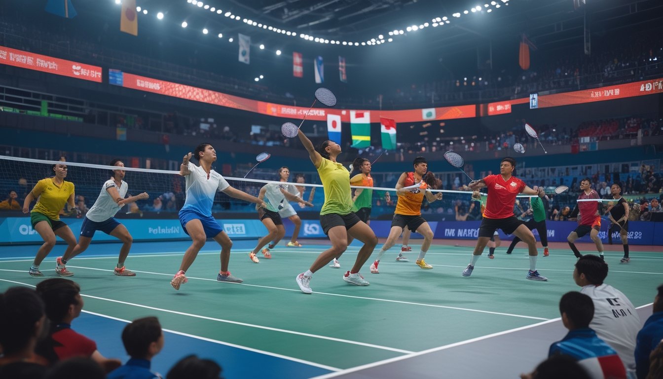 Sejumlah pemain bulu tangkis internasional sedang bertanding di lapangan dalam sebuah turnamen besar dengan penonton dan bendera negara di latar belakang.