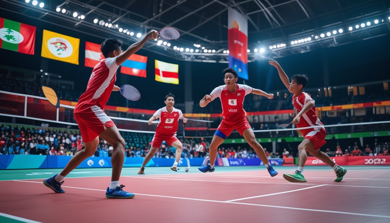 Para pemain bulu tangkis Indonesia sedang bertanding di sebuah lapangan dalam stadion penuh penonton.