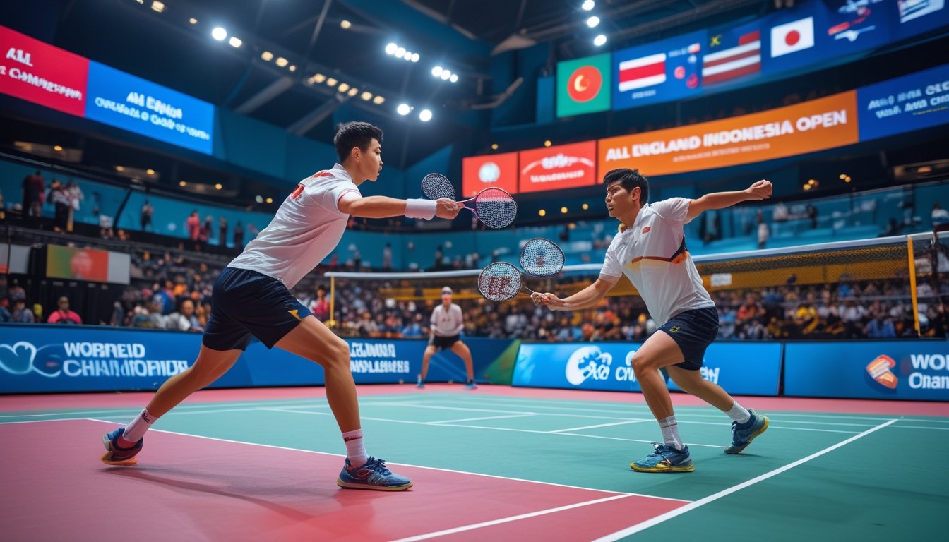 Dua pemain bulu tangkis sedang bertanding di lapangan dalam arena besar dengan penonton ramai di latar belakang.