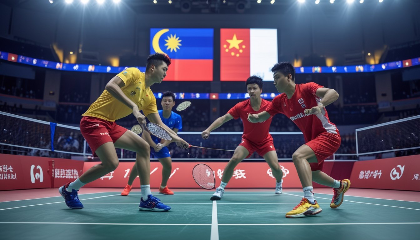 Empat atlet bulu tangkis dari China, Indonesia, Jepang, dan Denmark sedang bertanding sengit di lapangan dalam pertandingan internasional.