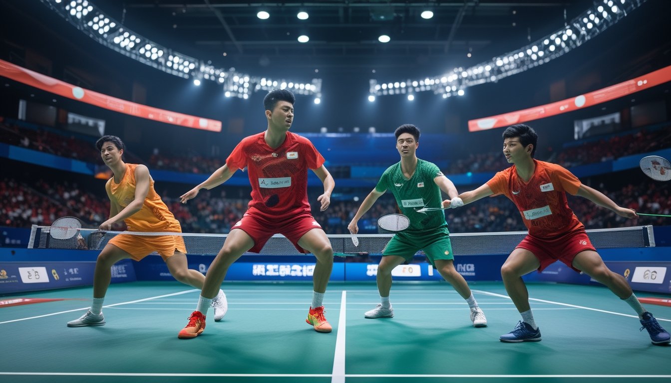 Empat pemain bulu tangkis dari China, Indonesia, Jepang, dan Denmark sedang bertanding di lapangan dalam sebuah pertandingan internasional yang intens.