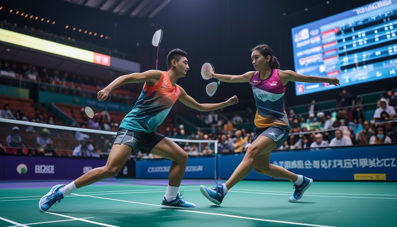 Dua pemain bulu tangkis sedang bertanding di lapangan dalam turnamen internasional dengan penonton di latar belakang.
