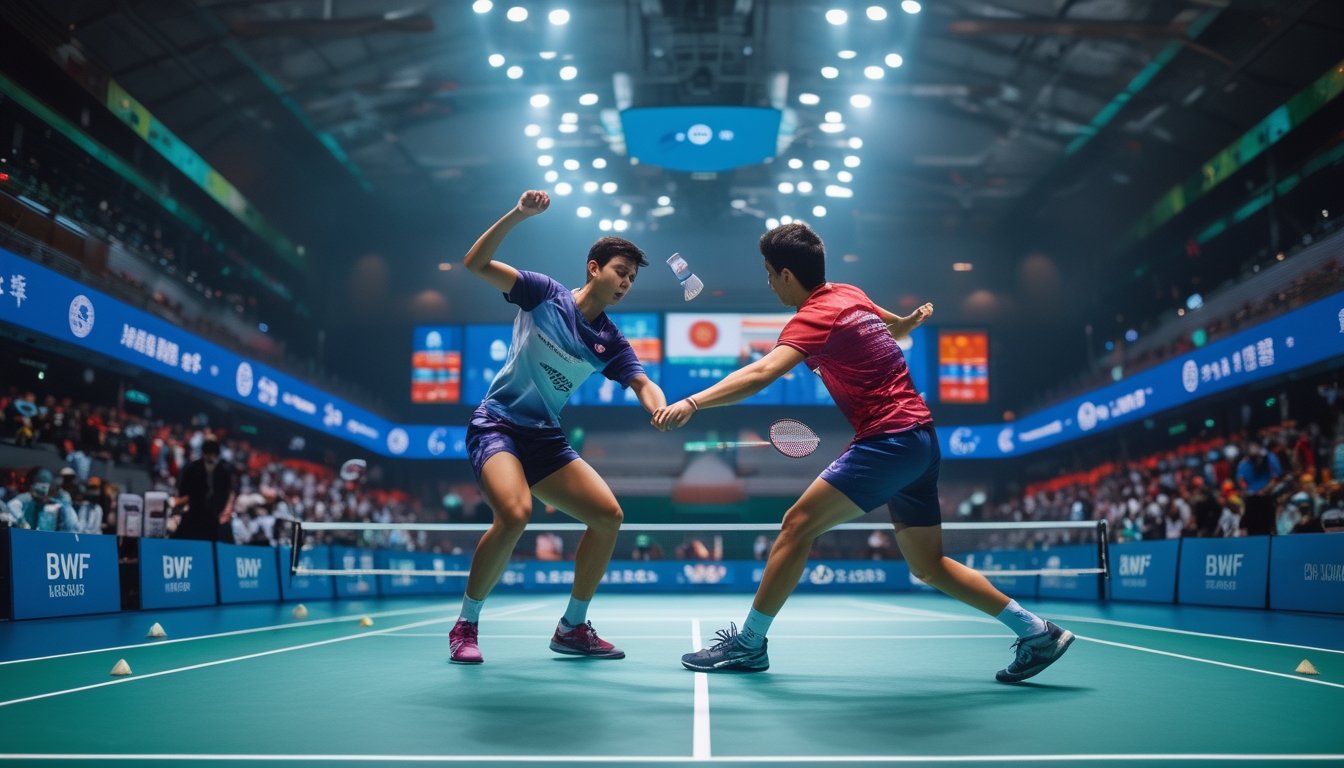 Dua pemain bulu tangkis sedang bertanding di arena dalam ruangan dengan penonton di latar belakang.
