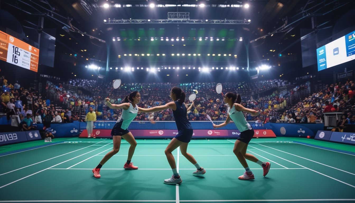 Dua pemain bulu tangkis sedang bertanding di stadion dalam ruangan dengan penonton dan papan skor elektronik.