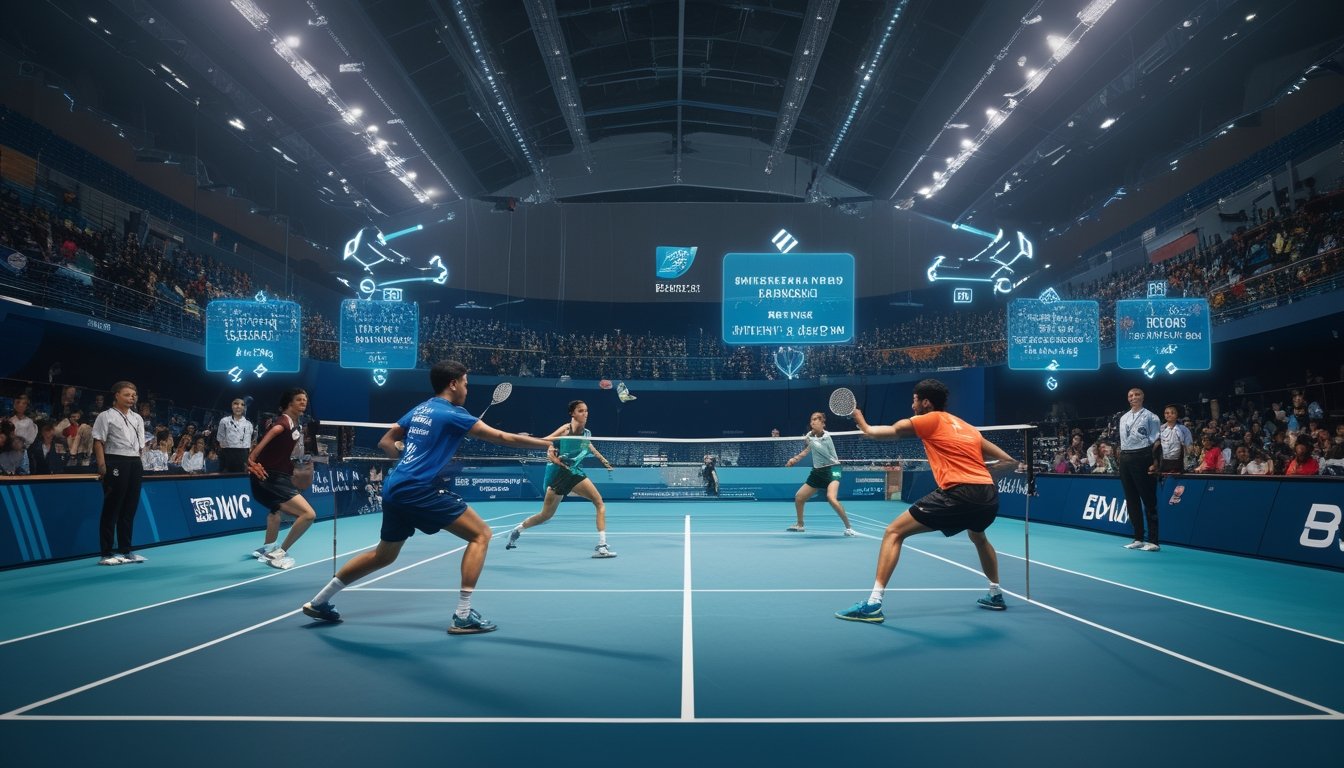 Lapangan bulu tangkis dalam ruangan dengan pemain profesional sedang bertanding dan penonton di latar belakang.