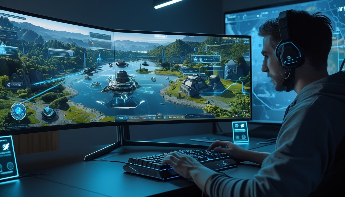 Seorang gamer fokus bermain game strategi real-time dengan layar besar yang menampilkan medan perang futuristik dan unit militer sedang bertempur.
