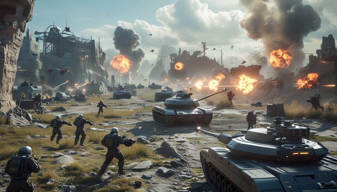 Pemandangan medan perang futuristik dengan unit militer modern seperti tank, drone, dan tentara yang sedang bertempur di area perkotaan dan lapangan terbuka.