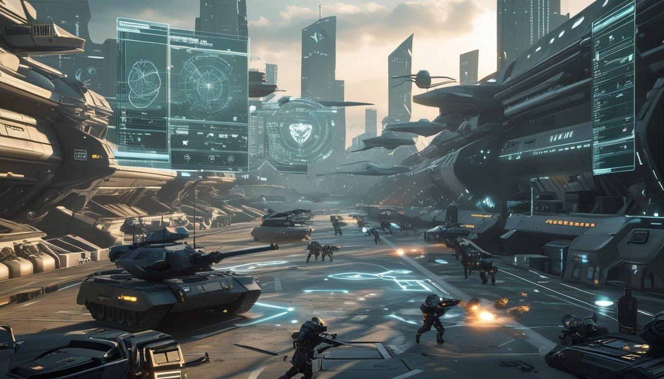 Pemandangan medan perang futuristik dengan unit militer canggih seperti drone dan tank yang sedang bertempur, serta komandan yang menganalisis rencana strategi pada layar holografik.