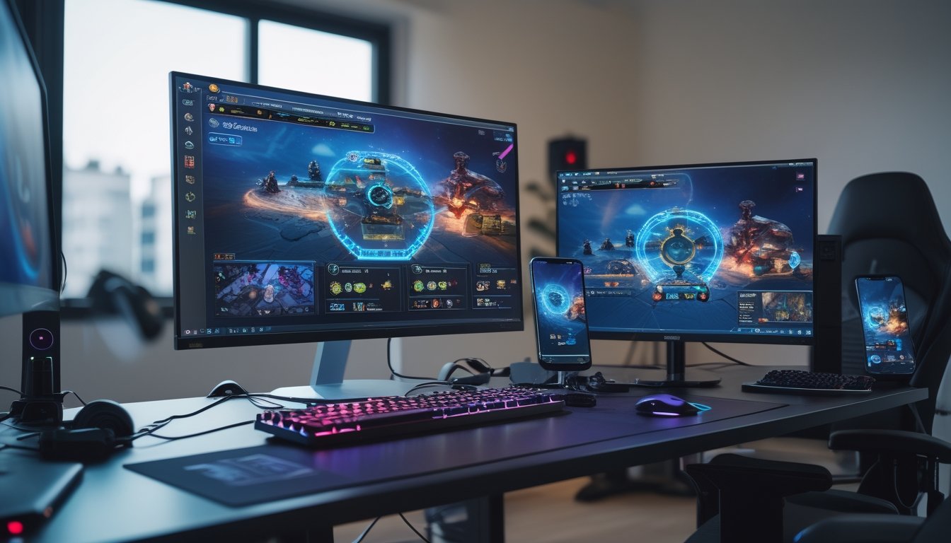 Sebuah setup gaming modern dengan komputer, smartphone, dan tablet yang menampilkan permainan strategi waktu nyata di layar masing-masing.