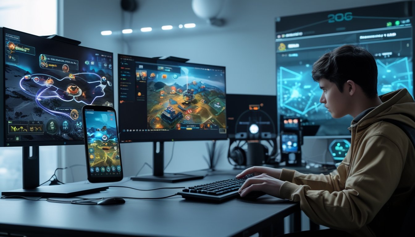 Seorang gamer sedang bermain game strategi di depan komputer dengan layar yang menampilkan peta dan ikon unit, di meja juga terlihat ponsel yang menampilkan game strategi.