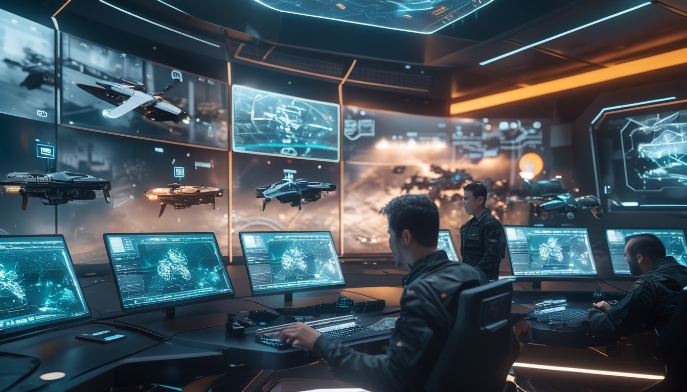 Pusat komando futuristik dengan hologram peta pertempuran dan drone AI yang terbang dalam formasi, menampilkan tim yang sedang menganalisis strategi perang canggih.