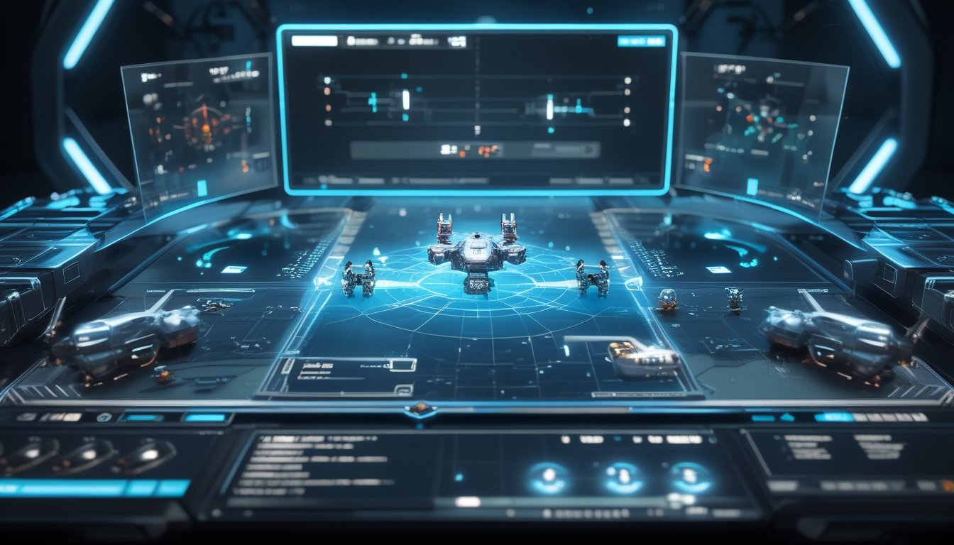 Tampilan antarmuka permainan strategi perang futuristik dengan peta holografik dan unit militer canggih di layar komputer.