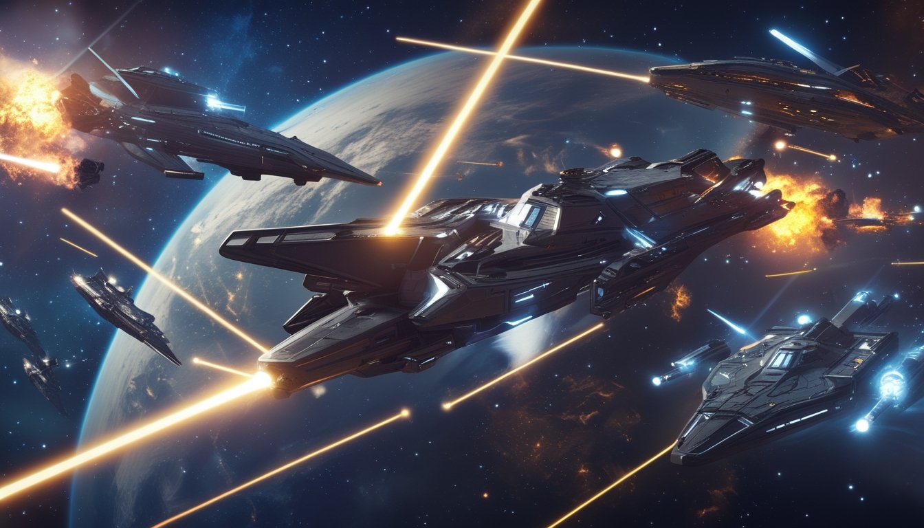 Adegan pertempuran antargalaksi dengan kapal luar angkasa futuristik yang saling bertempur di ruang angkasa gelap dengan latar belakang nebula dan planet.