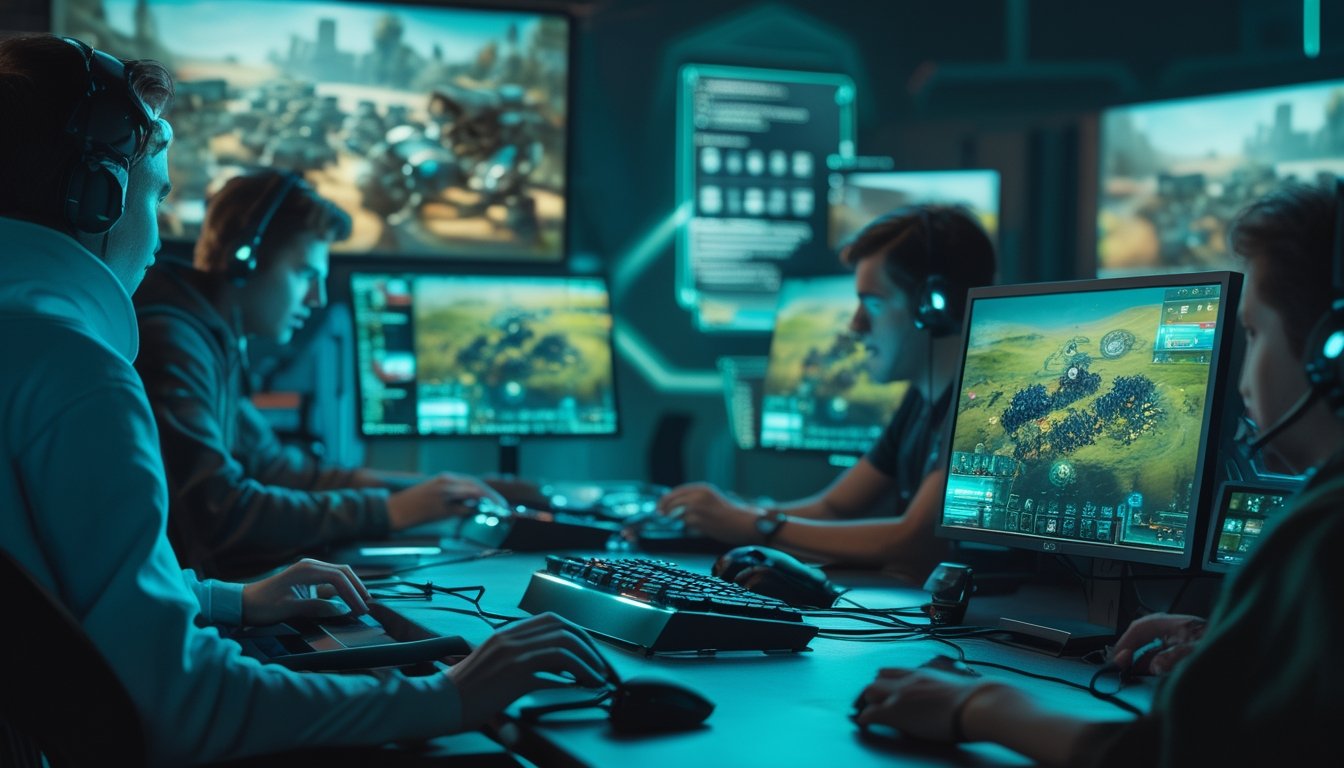 Sekelompok pemain yang fokus bermain game strategi real-time dengan layar komputer yang menampilkan peta pertempuran dan unit di sebuah ruangan permainan modern.