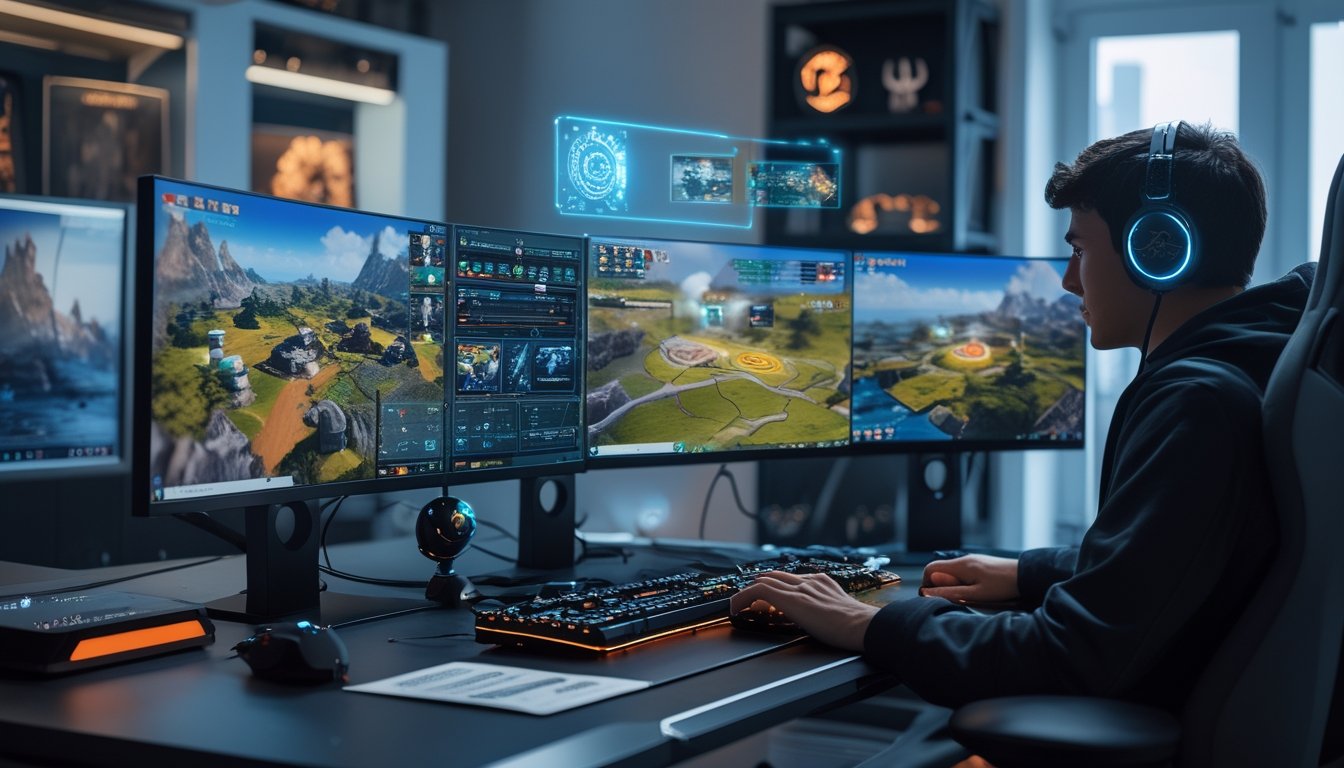 Seorang gamer fokus bermain game strategi real-time di meja dengan beberapa monitor dan perangkat gaming di ruangan modern.