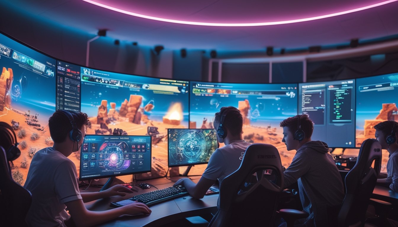 Beberapa pemain muda sedang bermain game strategi waktu nyata secara online bersama di sebuah ruangan game modern dengan monitor besar dan pencahayaan warna-warni.
