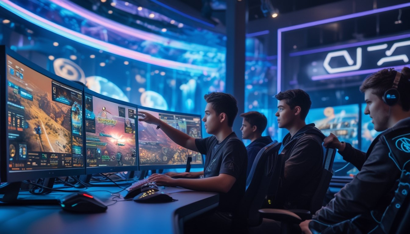 Sekelompok orang muda bermain game strategi waktu nyata di ruang gaming modern dengan layar besar dan pencahayaan futuristik.