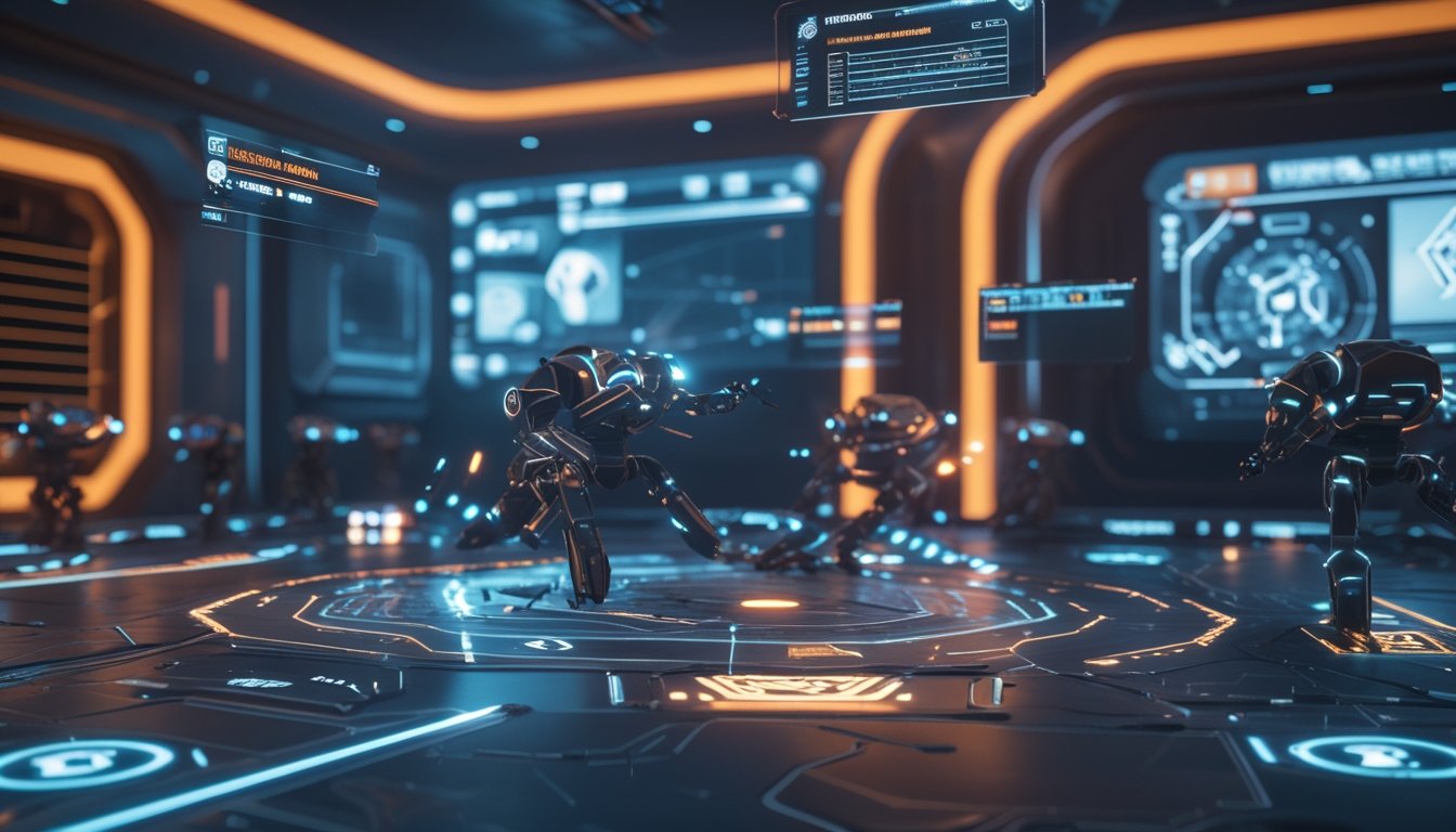 Adegan pertempuran dalam permainan strategi waktu nyata futuristik dengan unit robot dan drone di peta digital, di latar belakang terdapat setup permainan berteknologi tinggi.