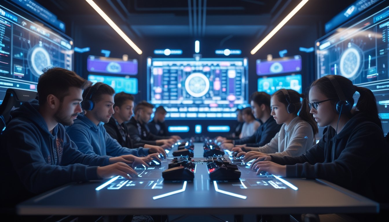Sekelompok orang bermain game strategi real-time dengan layar holografik dan peralatan gaming futuristik dalam ruangan berteknologi tinggi.