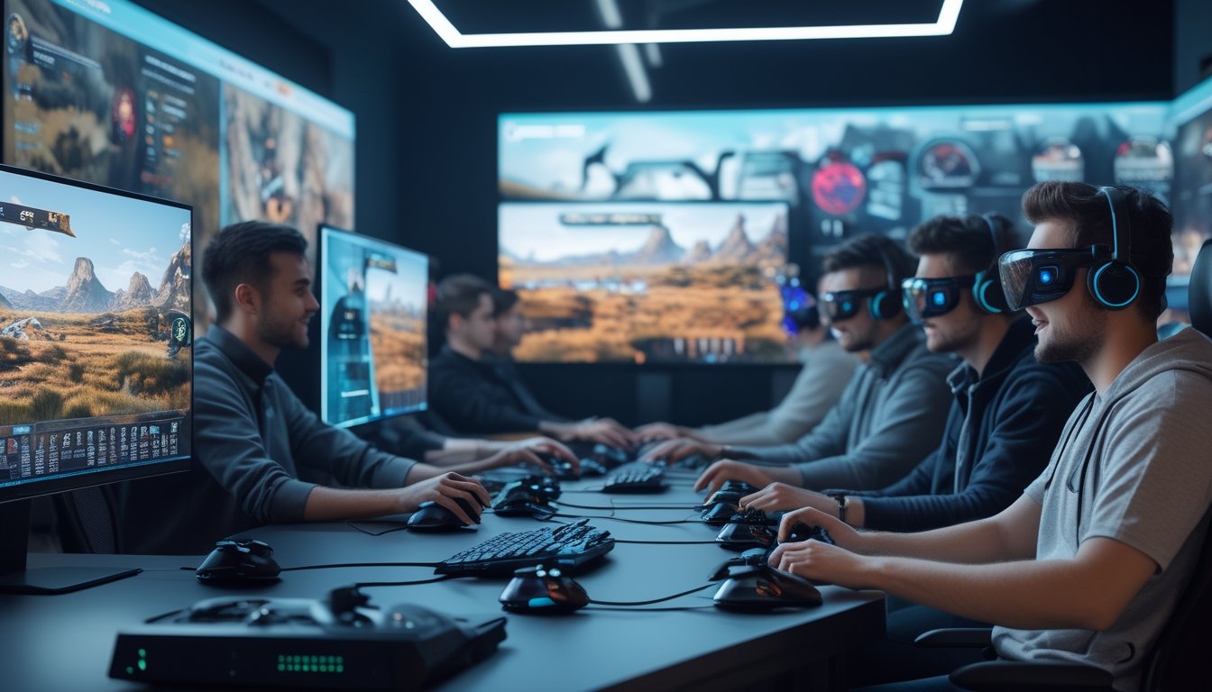 Sejumlah orang muda sedang bermain game RPG dengan peralatan gaming modern di sebuah ruangan futuristik.