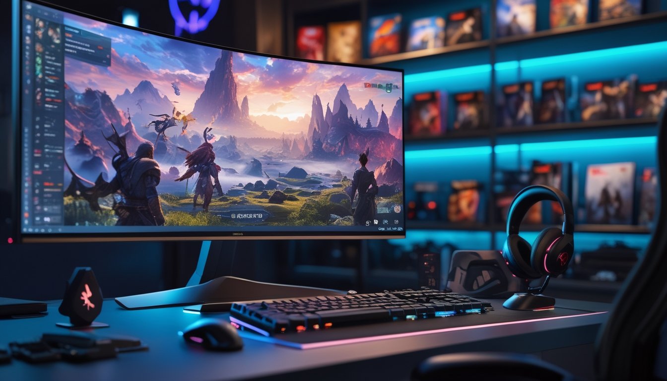 Sebuah setup gaming modern dengan monitor besar menampilkan gambar fantasi RPG, dilengkapi dengan keyboard, mouse, headset, dan rak berisi kotak game serta koleksi di latar belakang.