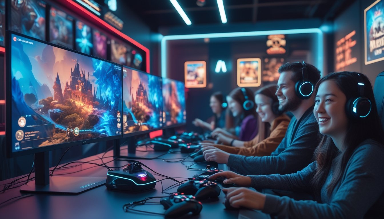 Beberapa orang sedang bermain game RPG dengan peralatan gaming modern di ruangan yang penuh dengan lampu warna-warni dan layar besar menampilkan pemandangan fantasi.