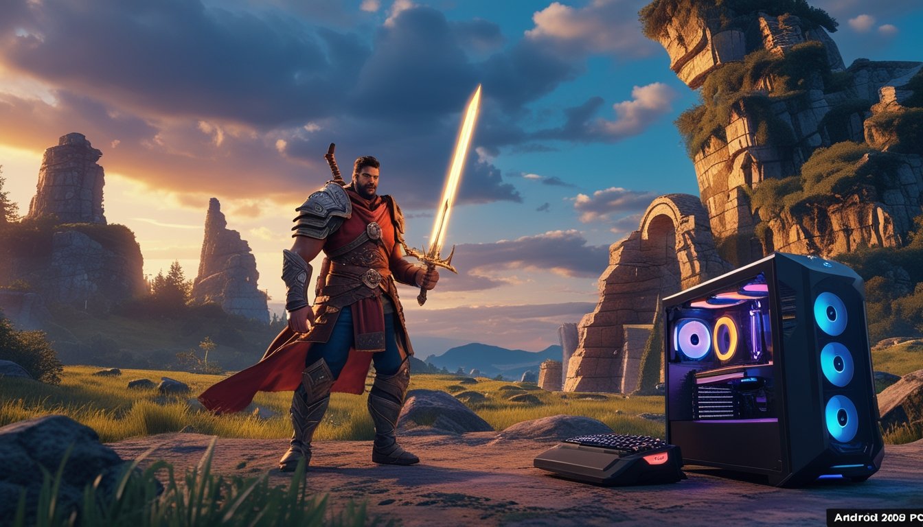 Seorang pahlawan berzirah dengan pedang bercahaya berdiri di lanskap hutan dan reruntuhan kuno, dengan ponsel pintar dan komputer gaming modern di dekatnya.