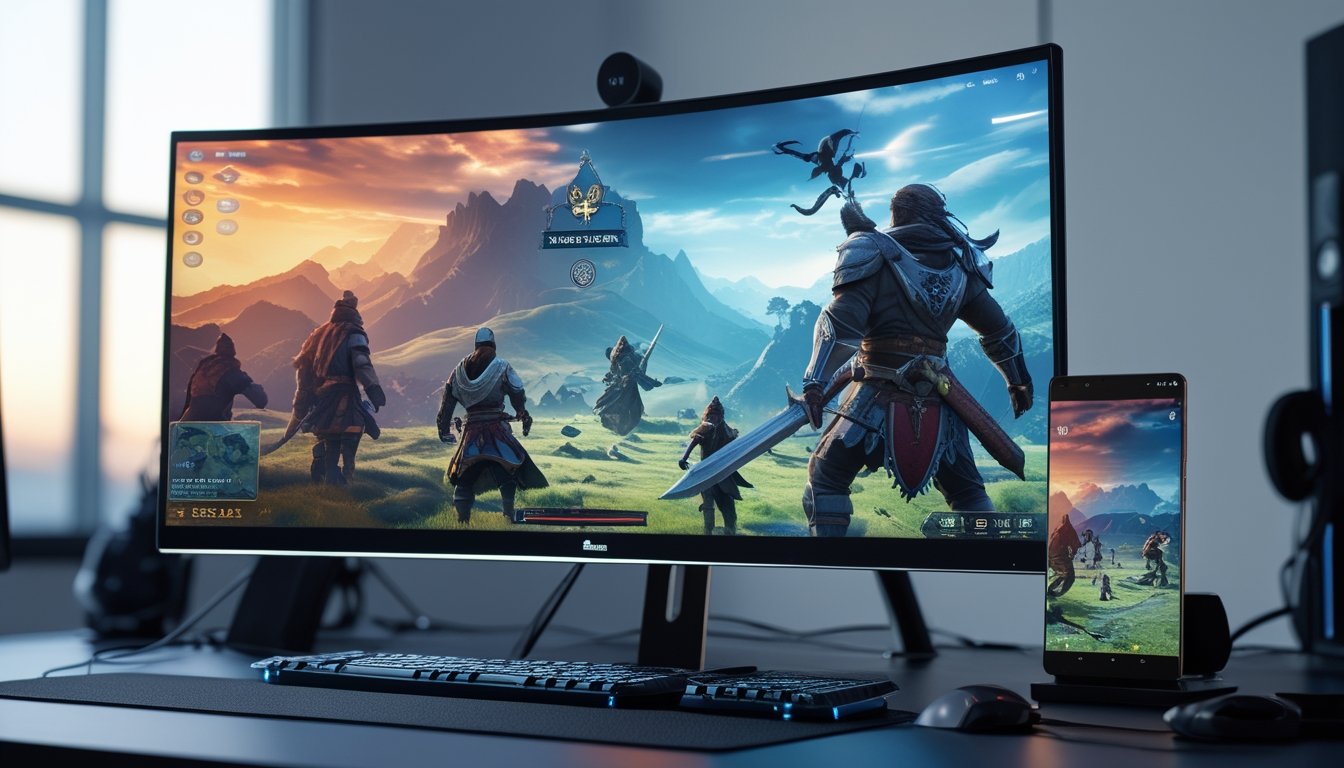Sebuah meja dengan komputer dan ponsel pintar yang menampilkan permainan RPG fantasi, dengan suasana ruangan yang terang dan peralatan game di sekitarnya.