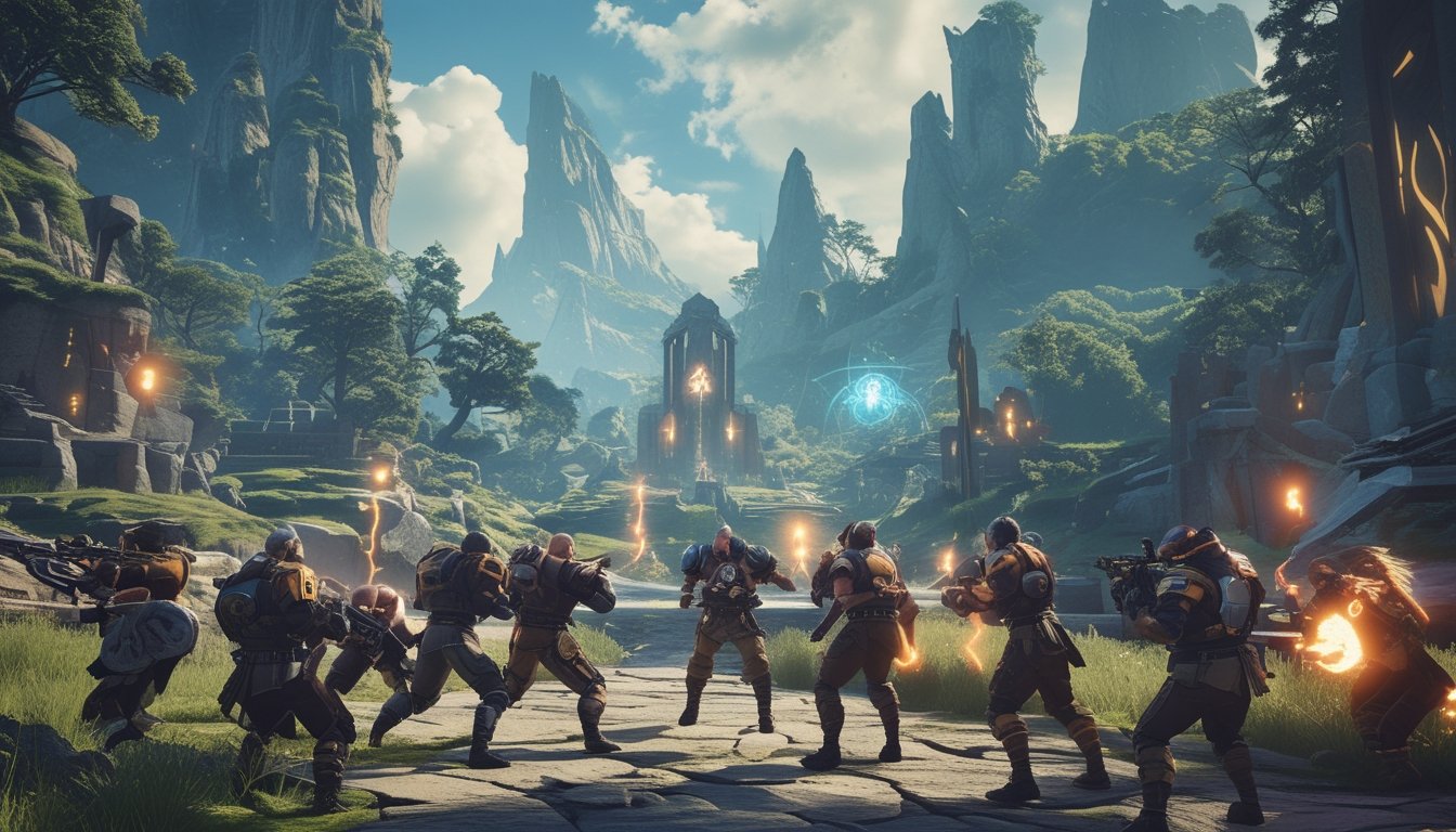 Pemandangan dunia terbuka dalam game RPG dengan karakter yang sedang bertarung secara taktis di lanskap fantasi yang luas dan beragam.