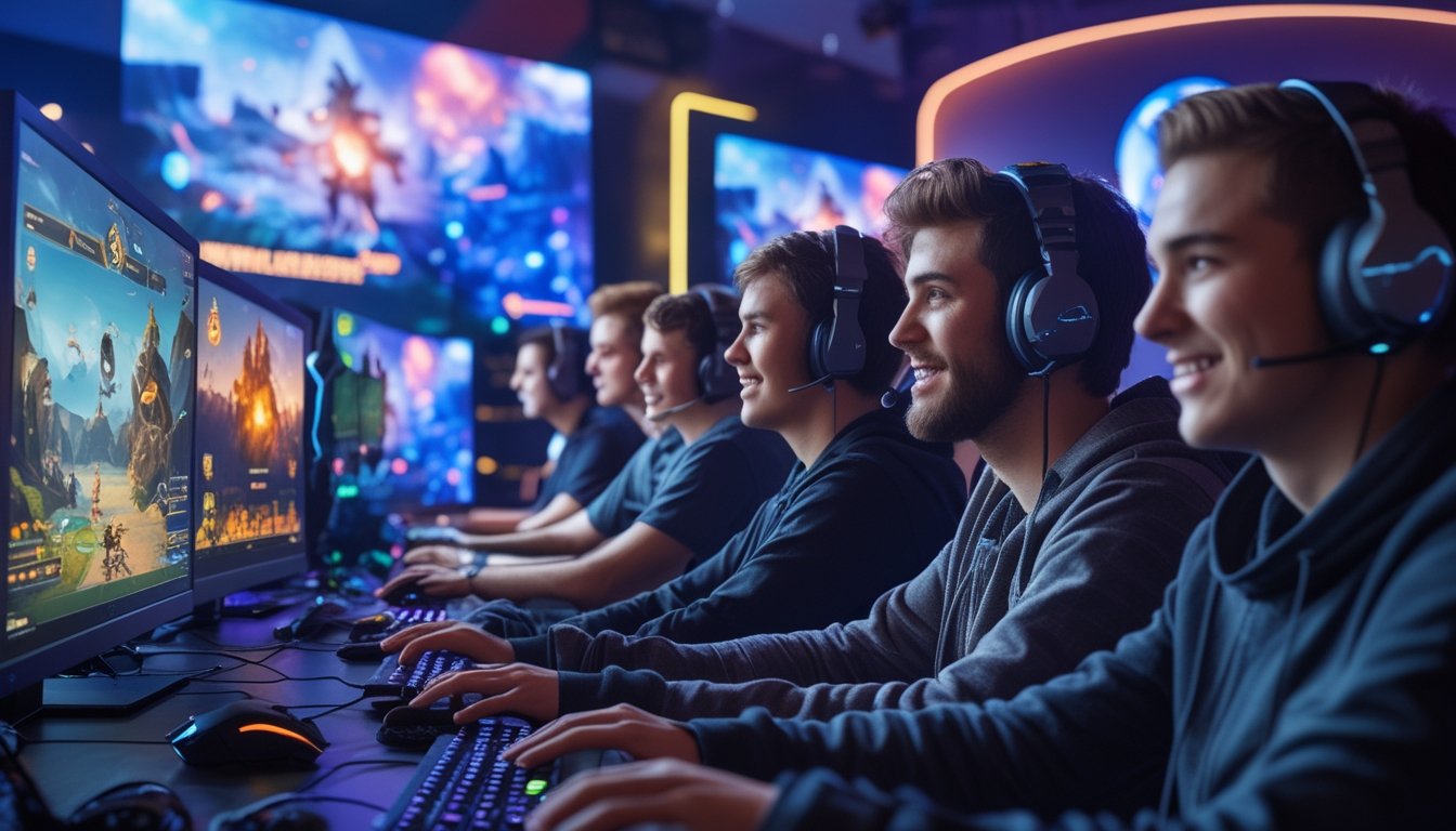 Sekelompok pemain muda yang sedang bermain game RPG online bersama-sama di ruang permainan dengan monitor besar dan peralatan gaming.