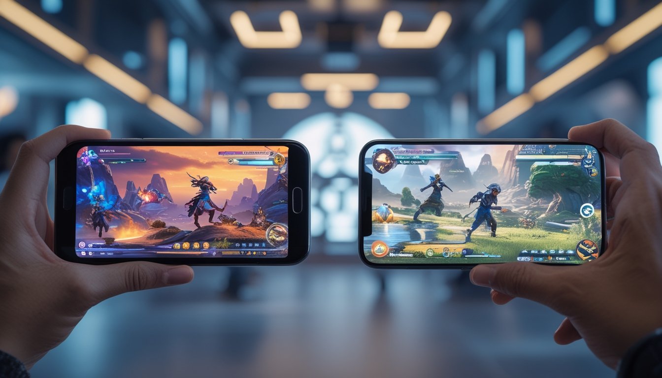 Dua smartphone menampilkan layar permainan RPG dengan grafik berkualitas tinggi dan latar belakang lingkungan gaming modern.