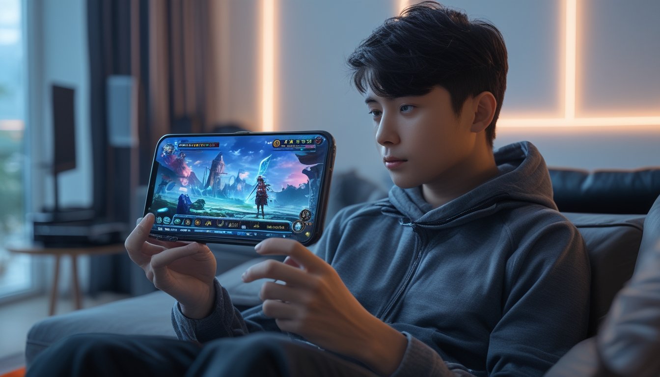 Seorang gamer muda sedang bermain game RPG di ponsel di ruang tamu modern.
