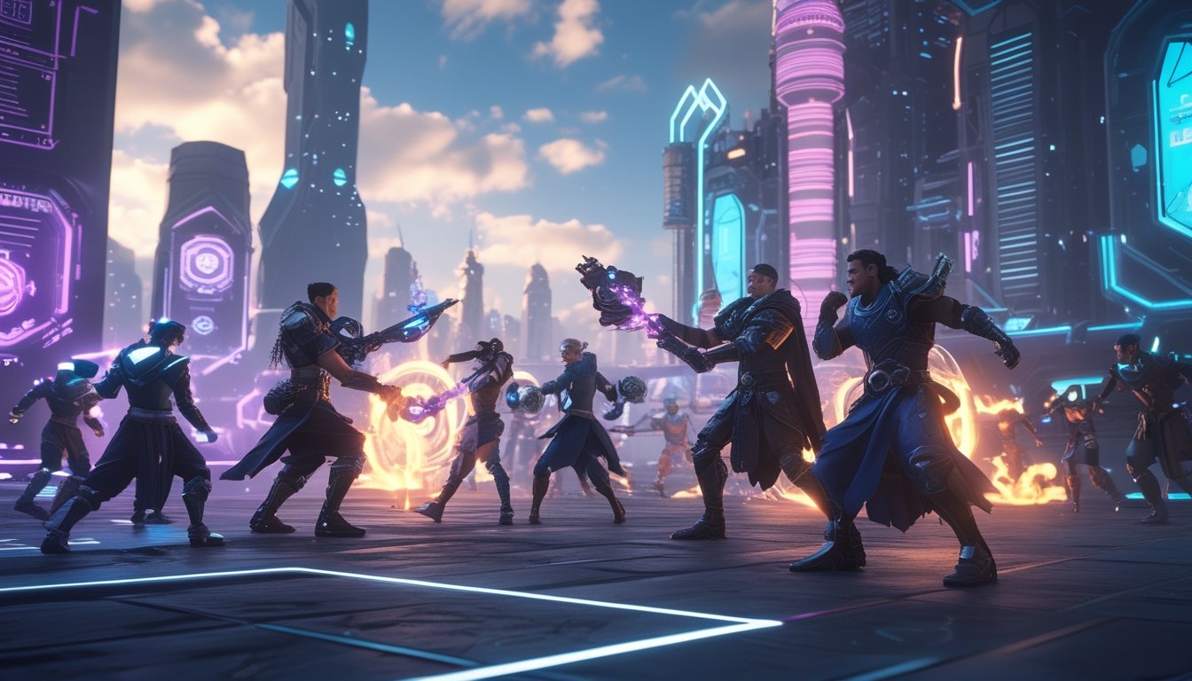Sekelompok pahlawan futuristik bertarung di kota neon dengan teknologi canggih dan elemen fantasi.