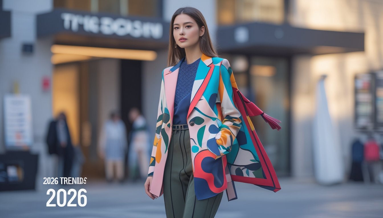 Seorang wanita modern berdiri di latar perkotaan mengenakan pakaian modis dengan warna dan motif tren tahun 2026.